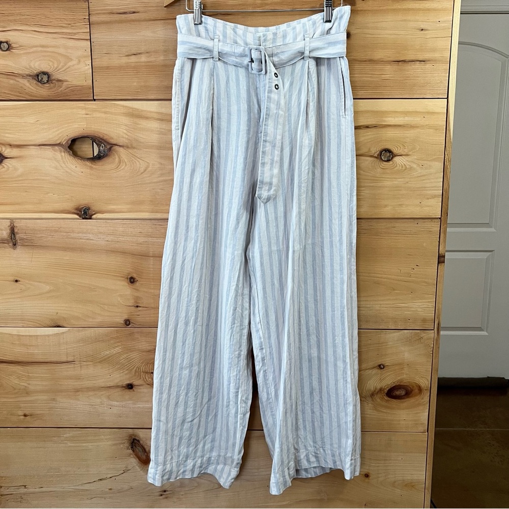 Rachel Zoe Belted White/Blue Striped Wide Leg 100% Linen Pants Sz 10